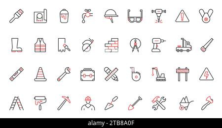 Building construction and repair red black thin line equipment and tools trendy icons set. Stock Vector