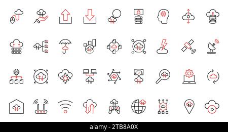 Cloud computing red black thin line data transfer trendy icons set vector illustration. Stock Vector