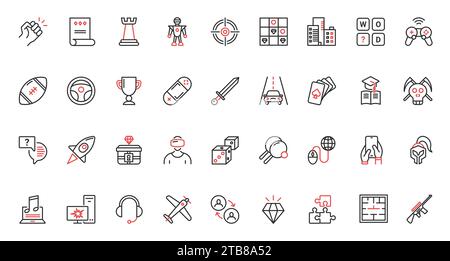 Game technology for computer and mobile phone red black thin line trendy icons set. Virtual reality and sport. Stock Vector
