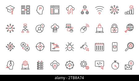 Support for computer software, program code red black thin line trendy icons set, maintenance service. Stock Vector