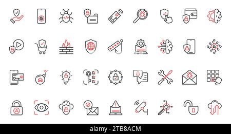 Secure information red black thin line trendy icons set for computer, laptop, phone cyber security. Stock Vector