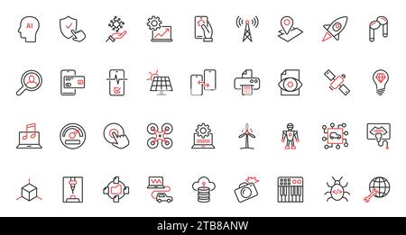 Trendy AI machine learning, smart home and communication digital technology red black thin line icons set. Stock Vector
