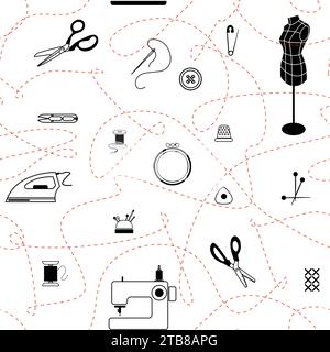 Seamless vector pattern with outline doodle sewing elements. Stock Vector