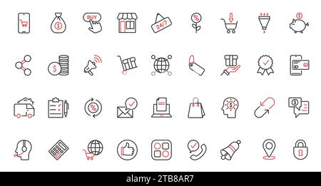 Ecommerce trendy red black thin line icons set, online business collection with mobile apps for orders. Stock Vector