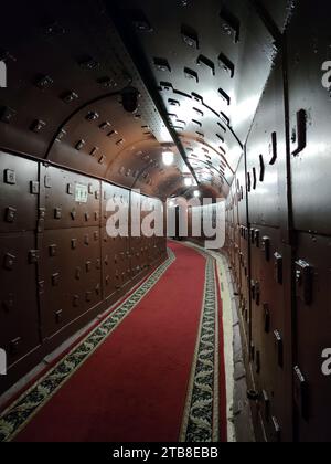 an old bomb shelter tunnel in an underground bunker. Protection from bombardment. Stock Photo