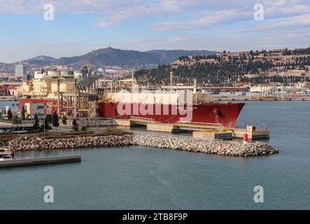 LNG tanker carrier 'Milaha Ras Laffan' (former Maersk Ras Laffan), PRONAV LNG (liquefied natural gas transport), Barcelona Enagas LNG export terminal Stock Photo