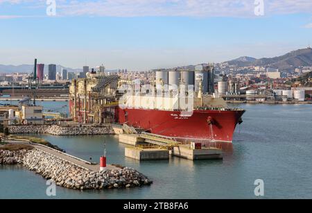 LNG tanker carrier 'Milaha Ras Laffan' (former Maersk Ras Laffan), PRONAV LNG (liquefied natural gas transport), Barcelona Enagas LNG export terminal Stock Photo