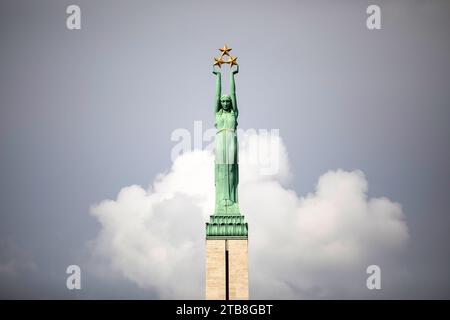 The Freedom Monument, granite and copper statue in central Riga on a beautiful summer sunny day, Riga, Latvia Stock Photo
