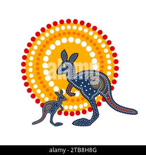 Two kangaroos and sun in decorative ethnic style. Aboriginal tribal styled kangaroo. Australia aboriginal traditional culture art style of dot. Vector Stock Vector
