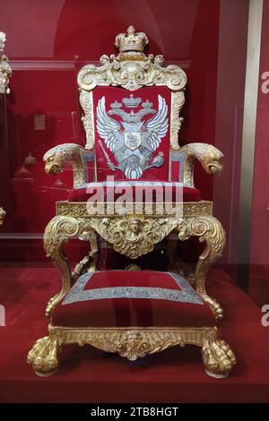 December 21, 2021. Moscow. Russia: Various collections exhibits from the history of Russia in the museum armory of the Moscow Kremlin. monomakh 's hat Stock Photo
