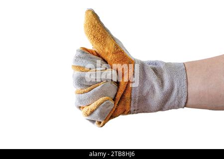 Hand of mechanic showing thumb up with safety glove on background Stock Photo