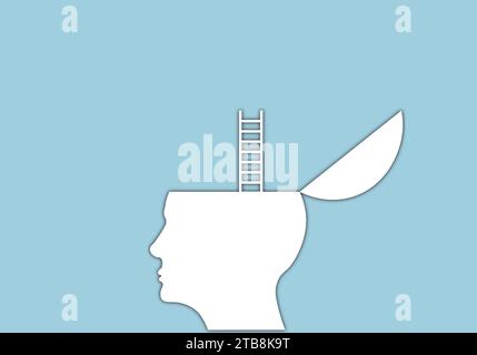 think out of the box opened head human head with ladder in the blue background Stock Vector