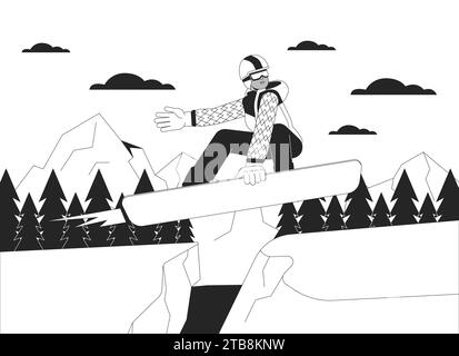 Snowboarder jumping on mountain slope black and white cartoon flat illustration Stock Vector