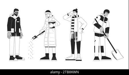Winter hazards preventing black and white 2D line cartoon characters set Stock Vector