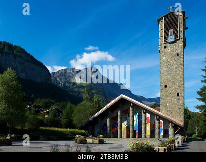 Church of Notre-Dame de Toute Grace du Plateau d'Assy (1950), an important landmark in the development of modern sacred art in the 20th century, in Pl Stock Photo