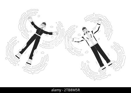 Making snow angels black and white cartoon flat illustration Stock Vector