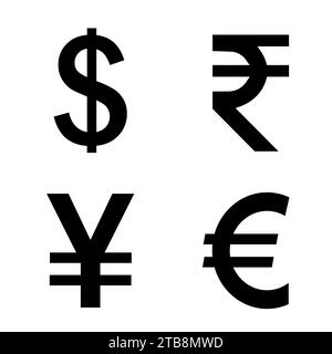set of currency symbols Dollar, Yen, Euro Rupee isolated on the white background Stock Vector