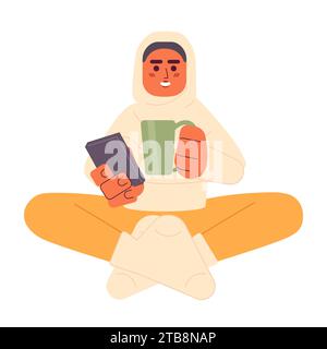 Muslim woman chilling with smartphone cartoon flat illustration Stock Vector