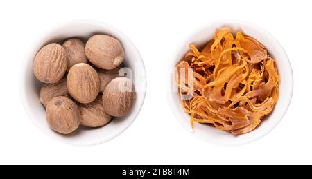 Dried true nutmegs and mace in white bowls. Whole seeds of Myristica fragrans, and the seed coverings of nutmeg seeds with yellow and orange tan. Stock Photo
