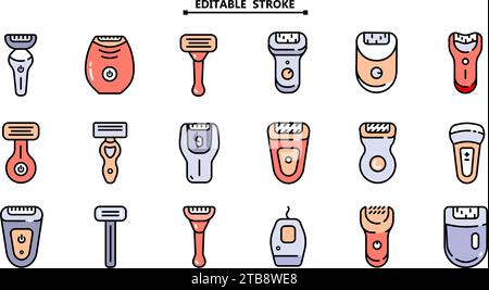 Shaving razors isolated color icon set. Editable stroke. Accessory for shave. Vector illustration shaver on white background. Stock Vector
