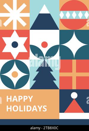 Bauhaus-Style Christmas postcard with Trendy colored mosaic texture. Geometric seamless pattern with winter elements. Christmas decoration in Scandinavian style. Happy holidays card. New year texture. Stock Vector