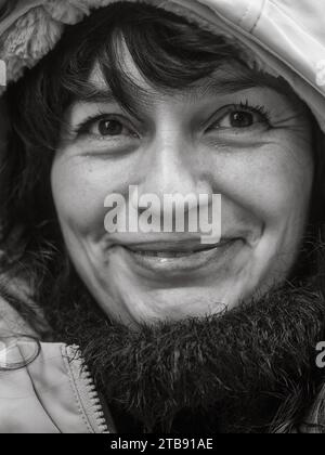 extreme close up of brunette beautiful happyhispanic adult woman Stock Photo