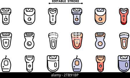 Epilator icons set color and outline vector. Skincare treatment. Laser depilation. Editable stroke. Stock Vector