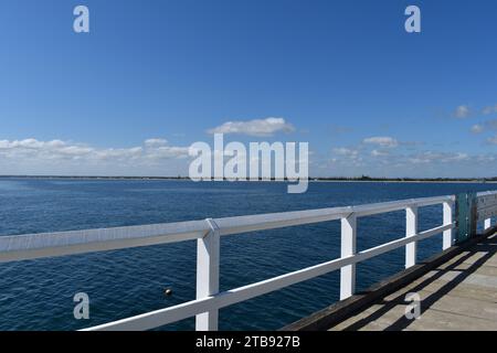 View from Busselton Jetty across Geographe Bay back towards the beach and seafront, Busselton, Western Australia, Australia Stock Photo