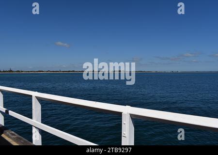 View from Busselton Jetty across Geographe Bay back towards the seafront, Busselton, Western Australia, Australia Stock Photo