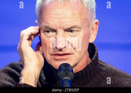 British artist Sting annonces on a press event a new musical at OEstre Gasvaerk Theater in Copenhagen, Denmark. Tuesday December 5, 2023. The musical 'The last ship' is about longing, love and pride in one's roots. It will premiere in Scandina at OEstre Gasvaerk Theater on March 7, 2025. Stock Photo