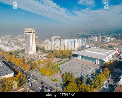 Almaty, Kazakhstan - October 28, 2023: Aerial view of The Abai Square with Republic Palace in Almaty city Kazakhstan at nigh. Abai was a Kazakh poet, Stock Photo