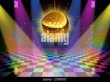 Disco New Year Dance Floor at a night club with a golden mirror ball as a symbol of fun DJ  dancing party in a nightclub or Bar with glowing stage Stock Photo