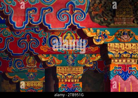 Close-up of the architectural details of Jokhang Temple from Barkhor Square; Lhasa, Tibet Stock Photo