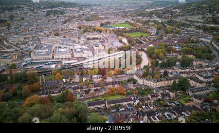 Aerial drone view over Bath City Centre, from the most popular viewing area in Bath, Alexandra Park. (29-10-2023) Stock Photo