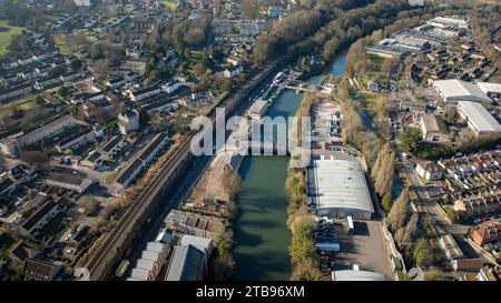 Aerial drone view of the Weston Cut on The River Avon, Bath UK. (14-02-2023) Stock Photo