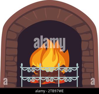 Fireplace with burning firewood. Home stone hearth with burning fire. Vector illustration. Stock Vector