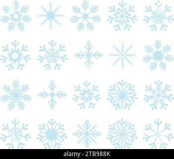 Different shapes of snowflakes, set of snow crystals. Winter elements for Christmas and New Year decoration, meteorological symbols. Vector illustrati Stock Vector