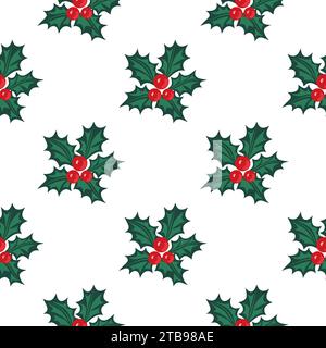 Seamless holly pattern. Christmas holly berry. Symbol of Christmas and New Year. Vector illustration. Stock Vector