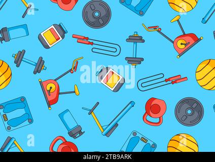 Pattern with fitness equipment. Sport bodybuilding items illustration. Stock Vector