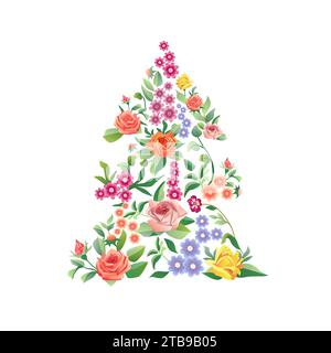 Creative floral Christmas tree. X mas decoration. Set of vintage roses. Leaves and flowers backdrop. Ethnic pattern. Decorative banner. Advertising Stock Vector