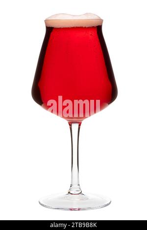 Tulip-shaped stemmed Tiku glass designed for a craft beer filled with Ruby Fruited Sour Ale isolated on white background Stock Photo