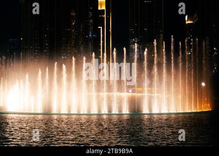 The dancing fountain shooting water up during music Stock Photo
