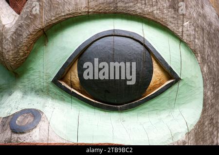 Detail of the eye of a totem pole in Sitka National Historical Park; Sitka, Alaska, United States of America Stock Photo