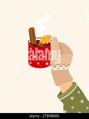 Hand in mitten holding red cup of mulled wine with cinnamon, orange, anise and cloves. Hot winter drink. Flat vector illustration Stock Vector