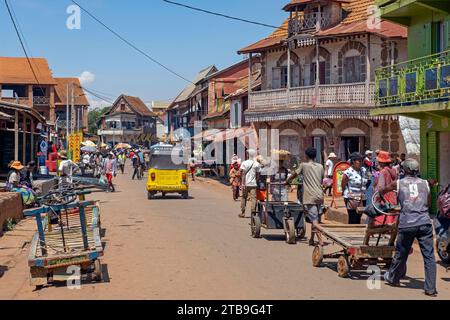 Street scene showing French colonial houses in the old town centre of the city Ambalavao, Haute Matsiatra, Central Highlands, Madagascar, Africa Stock Photo