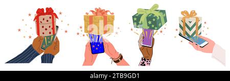 Different hands holding phones with gift boxes. Stock Vector