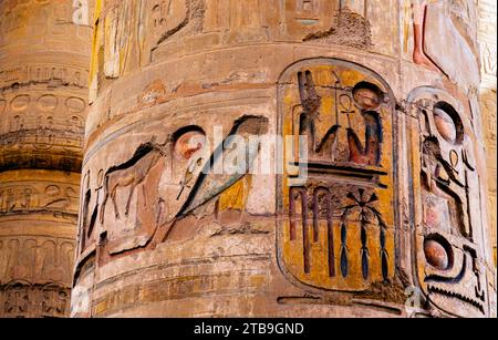 Close-up view of the hieroglyphics on the columns of the Great Hypostyle Hall in the Karnak Temple Complex near Luxor Stock Photo