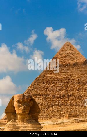 Close-up of the Great Pyramid and Sphinx of Giza; Giza, Cairo, Egypt Stock Photo