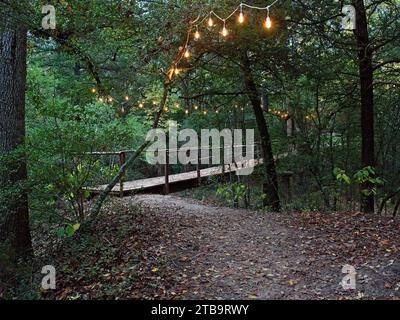 Bridge over dry creek in evening with lights for night time walking Stock Photo