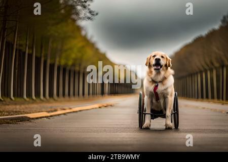 The dog is disabled. The dog is in a wheelchair. Stock Photo